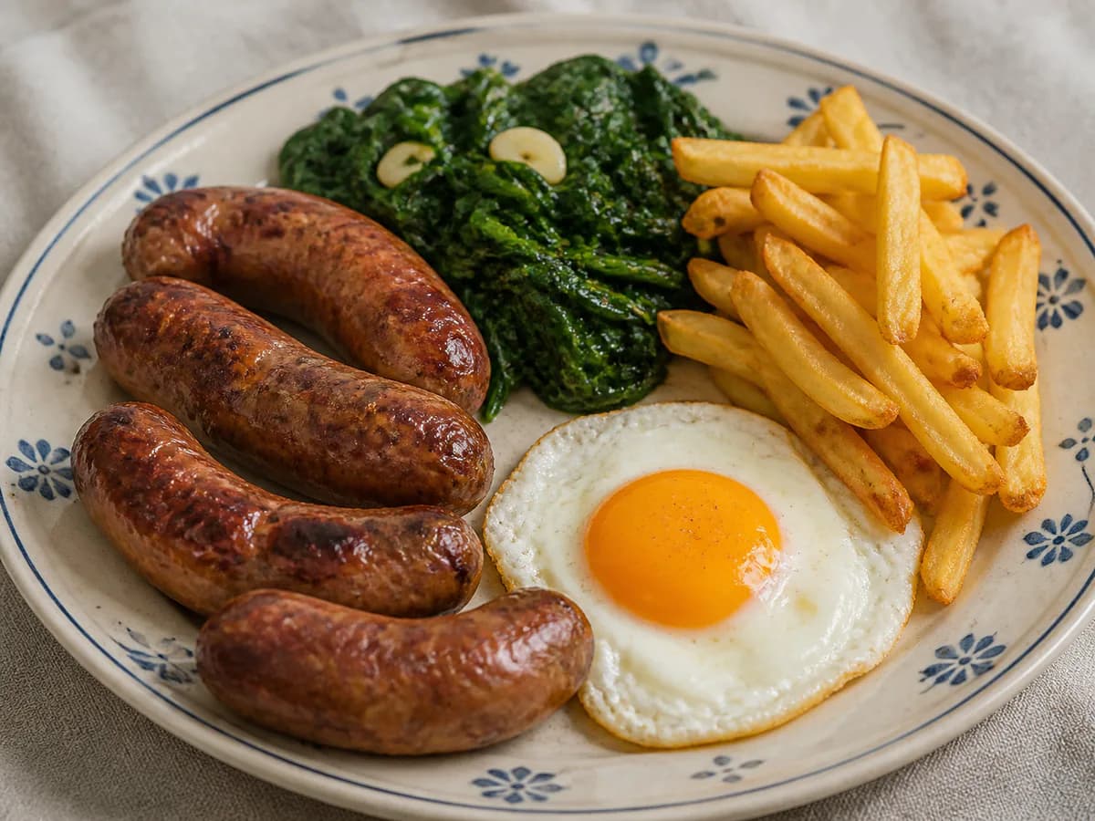 Alheiras no Forno com Espinafres Salteados, Ovo Estrelado e Batata Frita