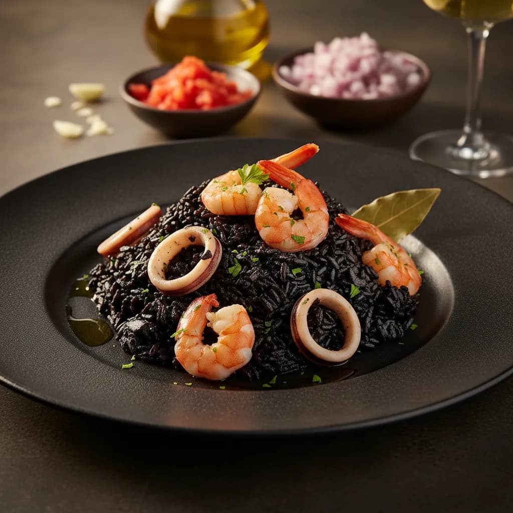 Arroz Preto com Lulas e Camarão