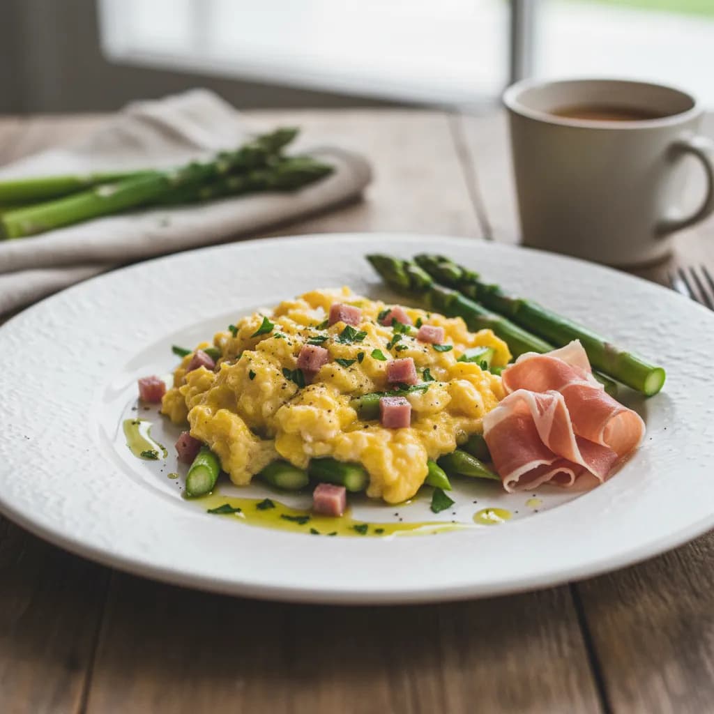 Ovos Mexidos com Espargos e Presunto