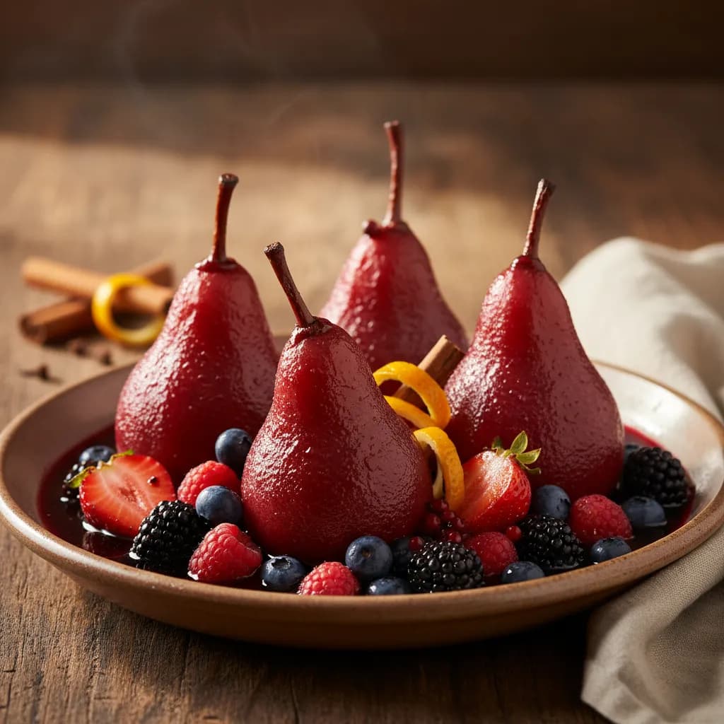 Peras Bêbadas com Frutos Vermelhos