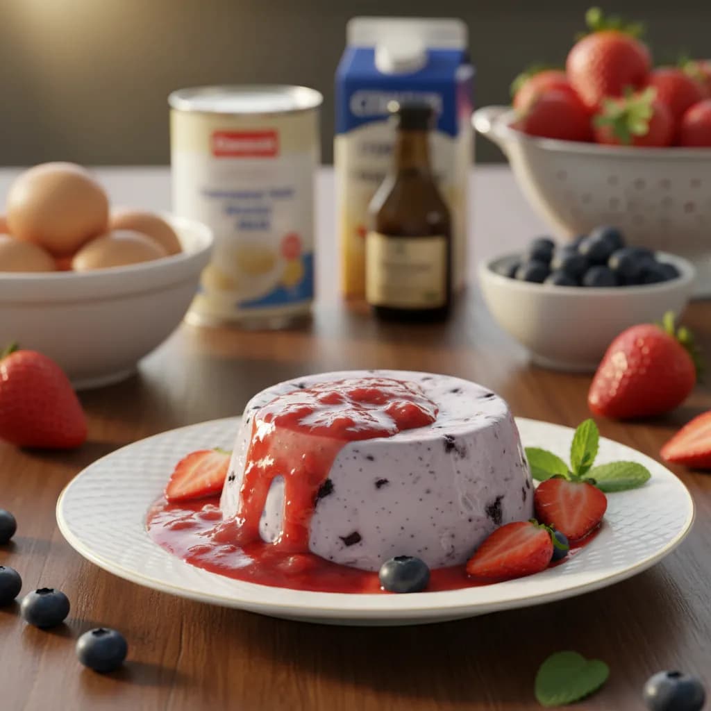 Pudim de Mirtilo com Calda de Morango