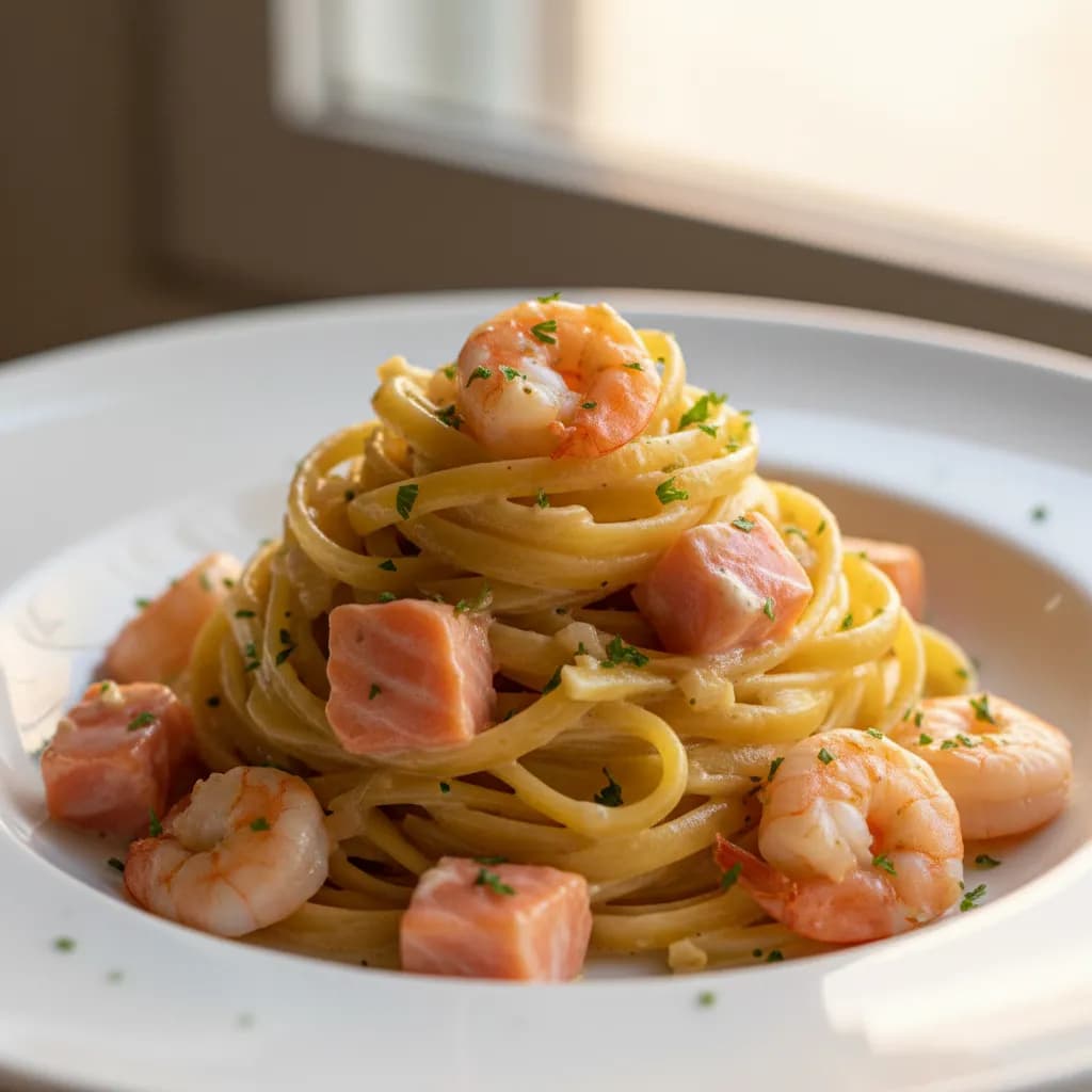 Tagliatelle com Salmão e Gambas