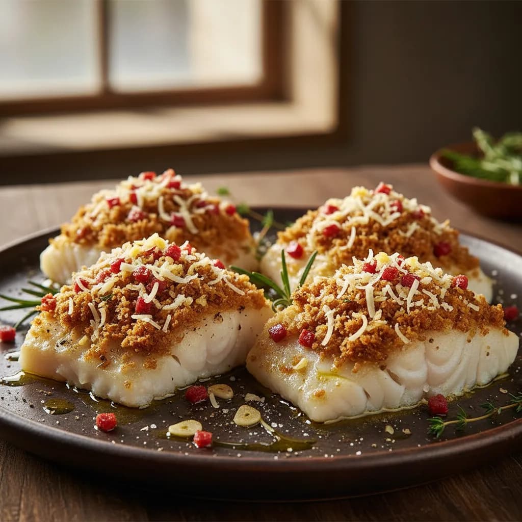 Bacalhau com Crocante de Broa, Queijo e Chouriço