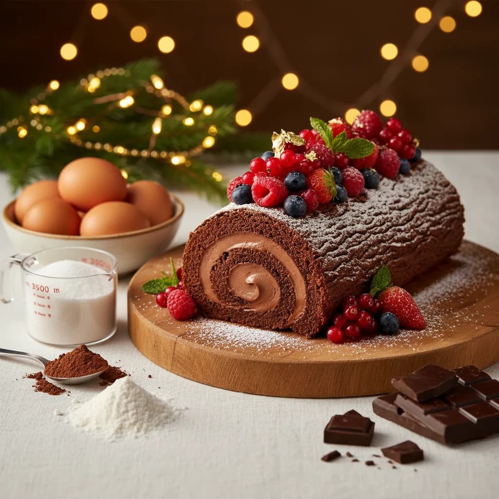 Tronco de Natal com Mousse de Chocolate e Frutos Vermelhos