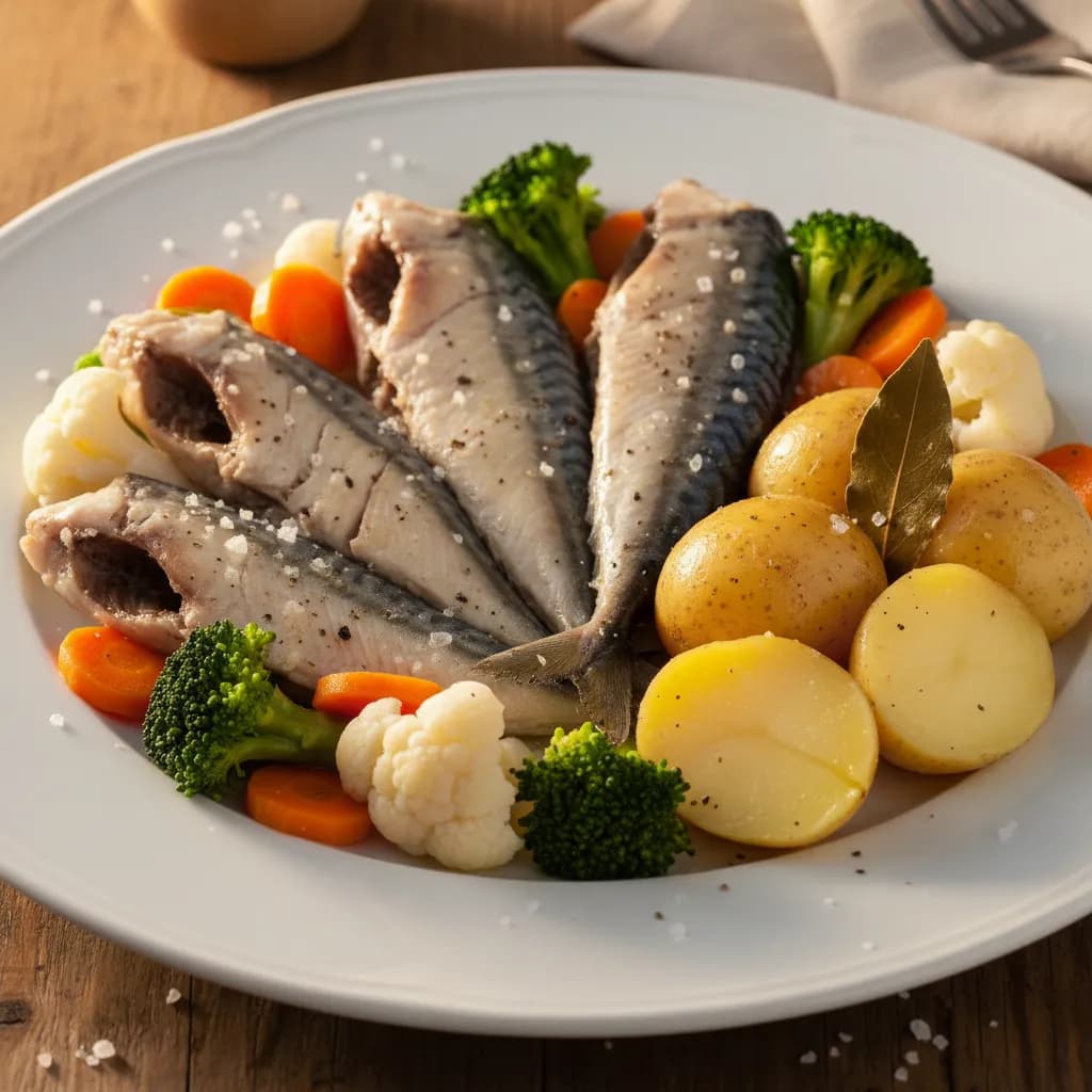 Carapaus Cozidos com Legumes a Vapor e Batata Cozida