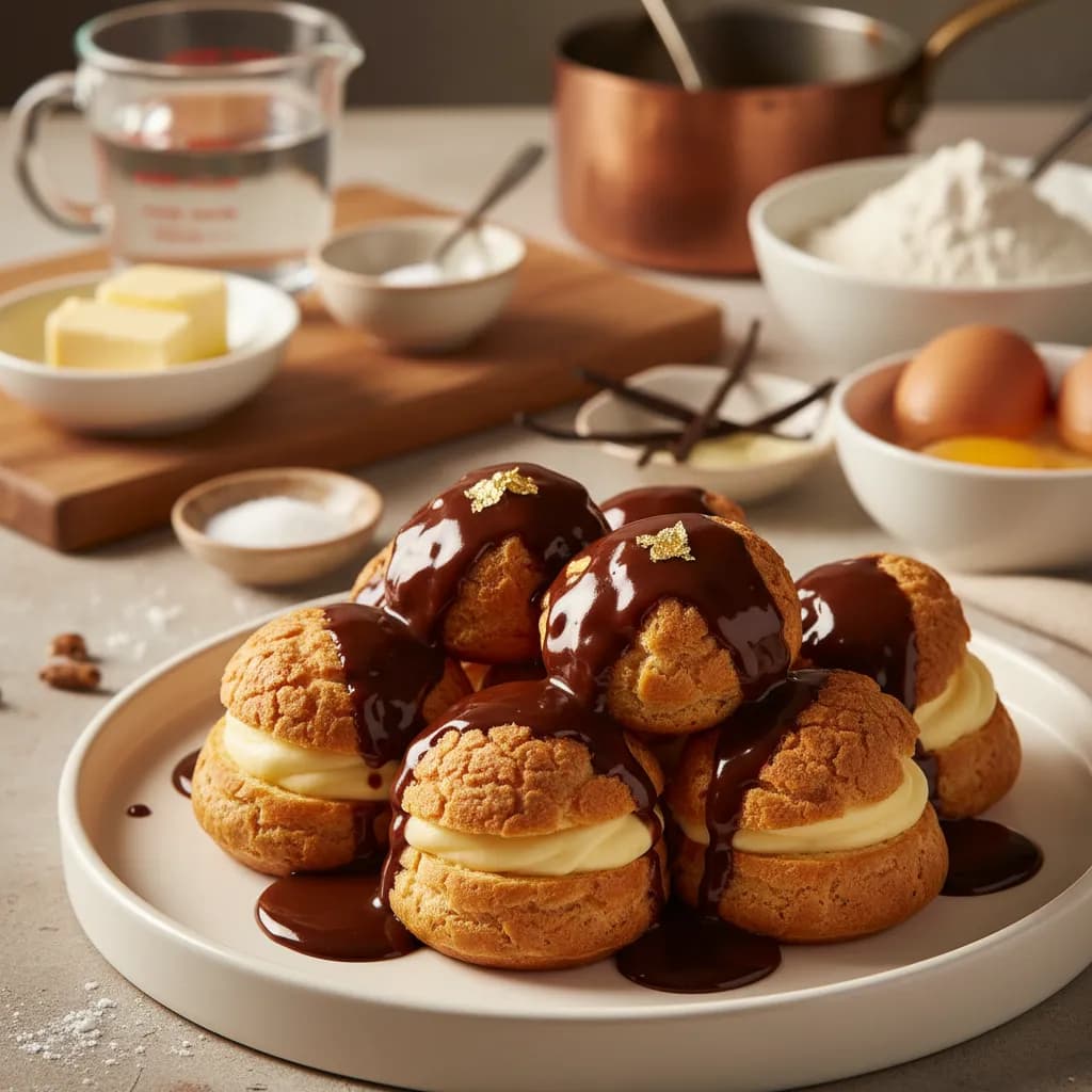 Profiteroles com Creme de Pasteleiro e Chocolate