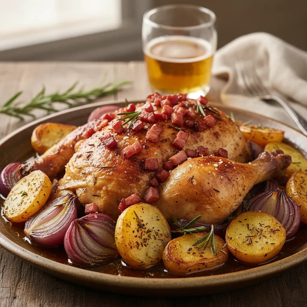 Frango Assado com Bacon, Cerveja e Batatas Coradas