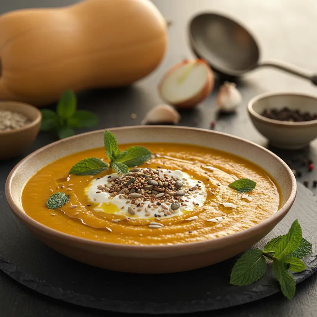 Creme de Abóbora e Ricotta com Sementes Torradas e Hortelã