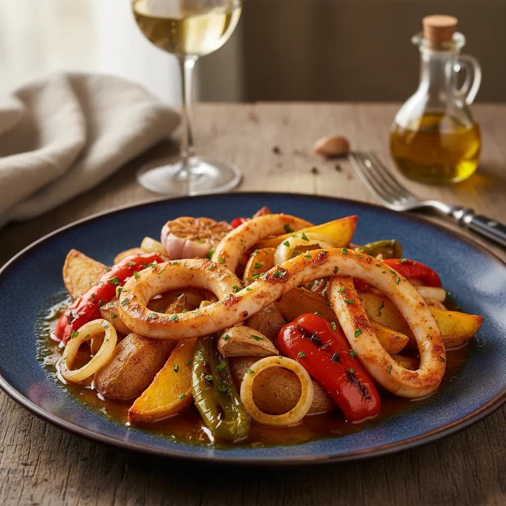 Tiras de Pota no Forno com Batatas e Pimentos