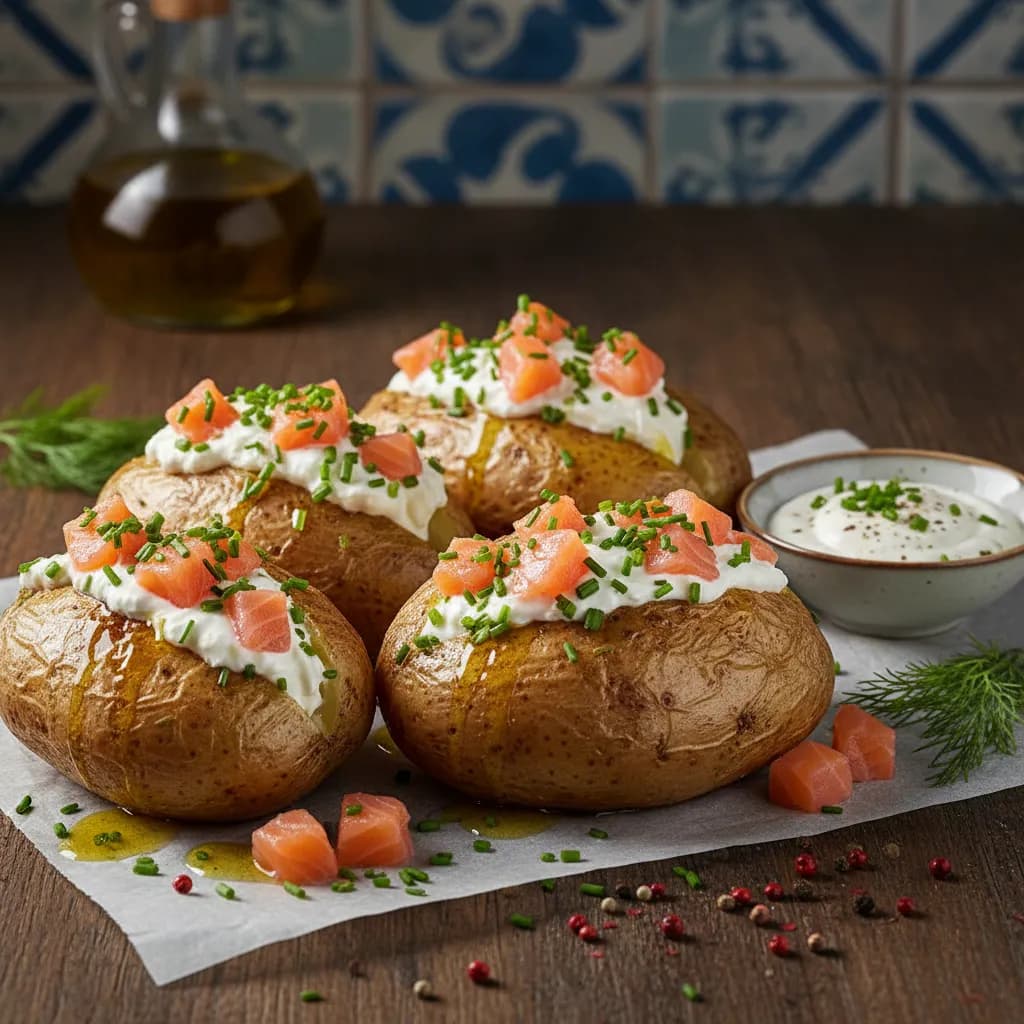 Batatas Recheadas com Salmão e Molho de Iogurte