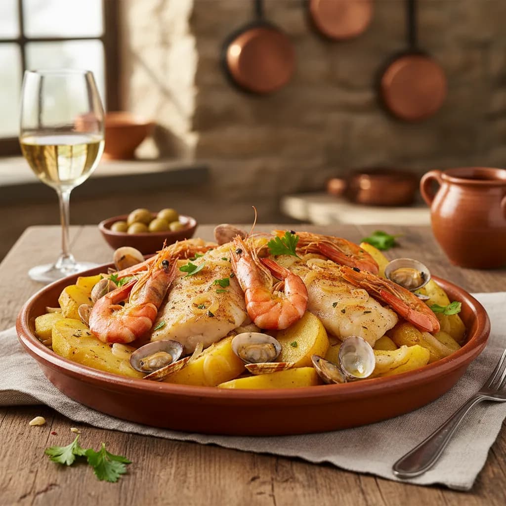 Bacalhau no Forno com Batata, Camarão e Ameijoas