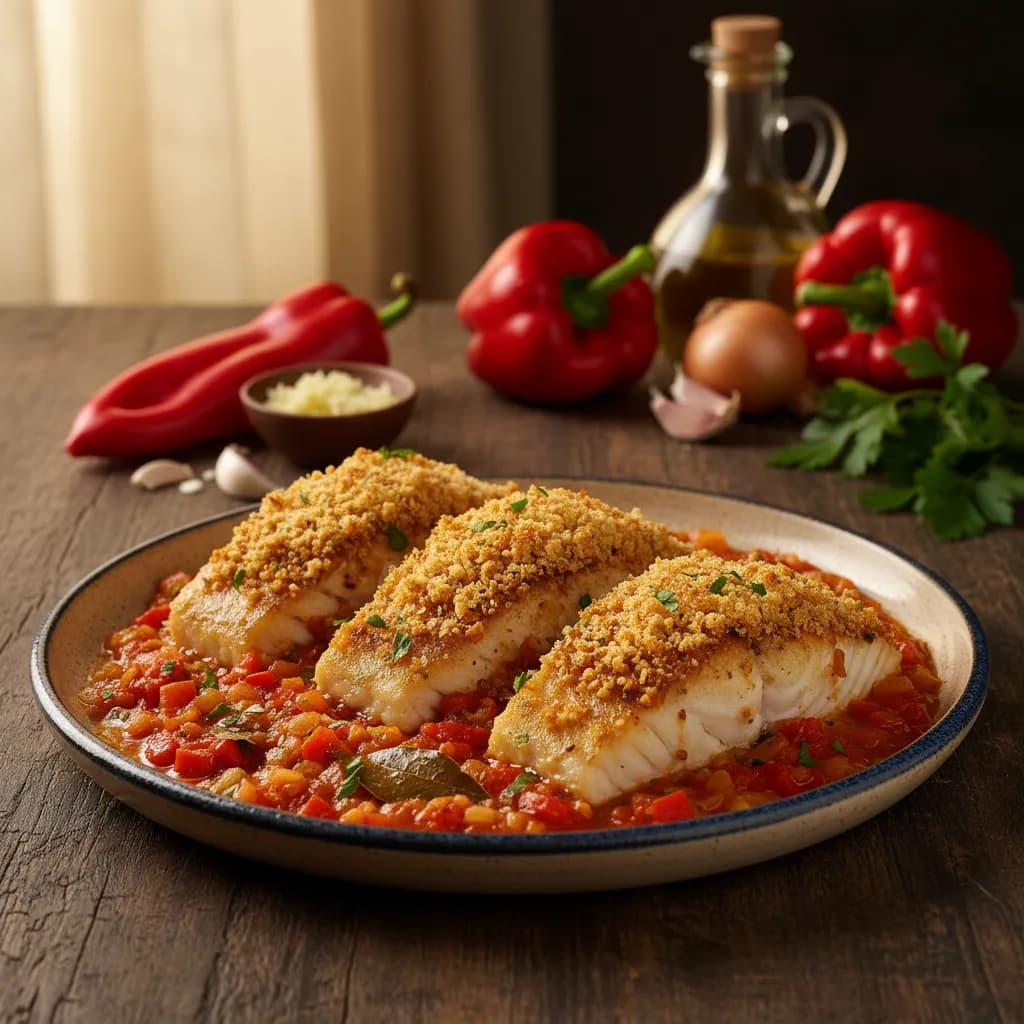 Bacalhau Assado com Molho Vermelho e Cobertura de Broa de Milho