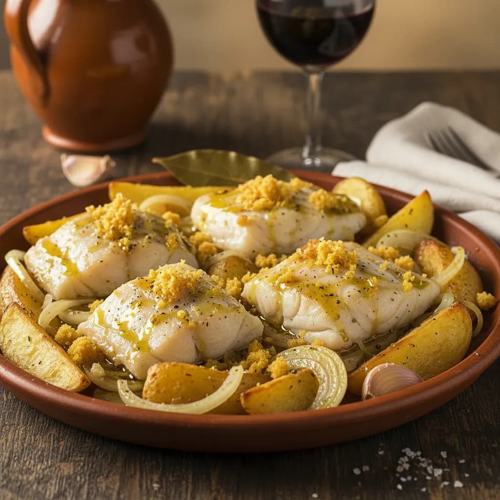 Bacalhau Assado no Forno com Batatas e Broa