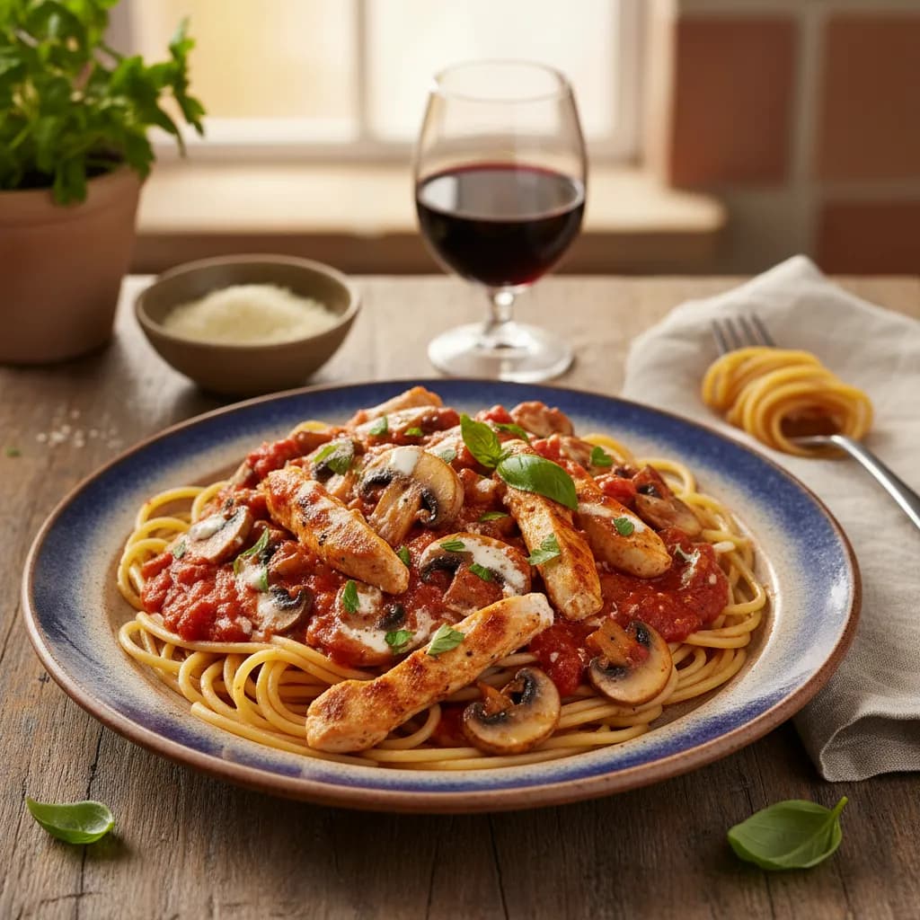 Esparguete com Bifinhos de Frango em Tomate com Cogumelos