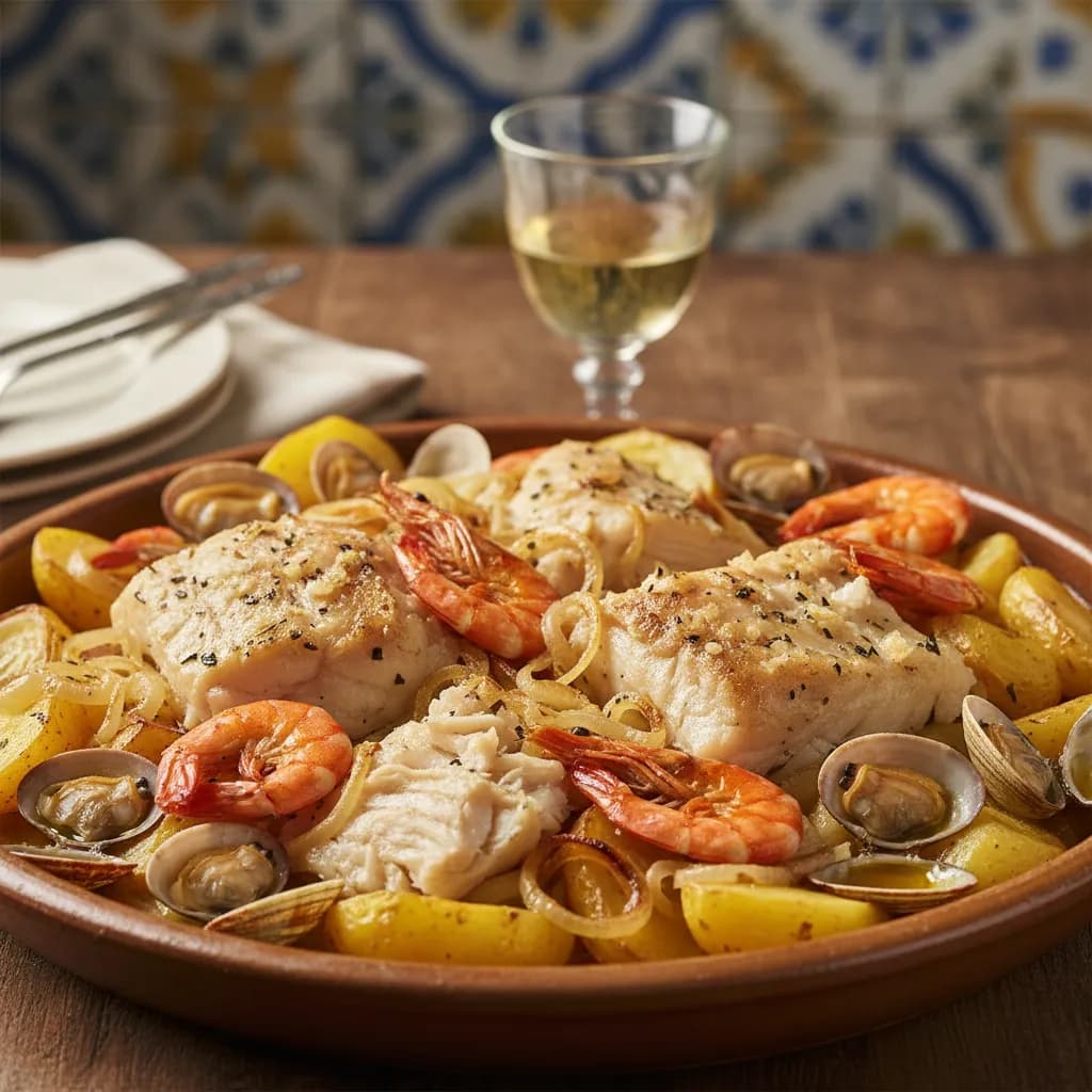 Bacalhau no Forno com Batatas, Camarão e Ameijoas