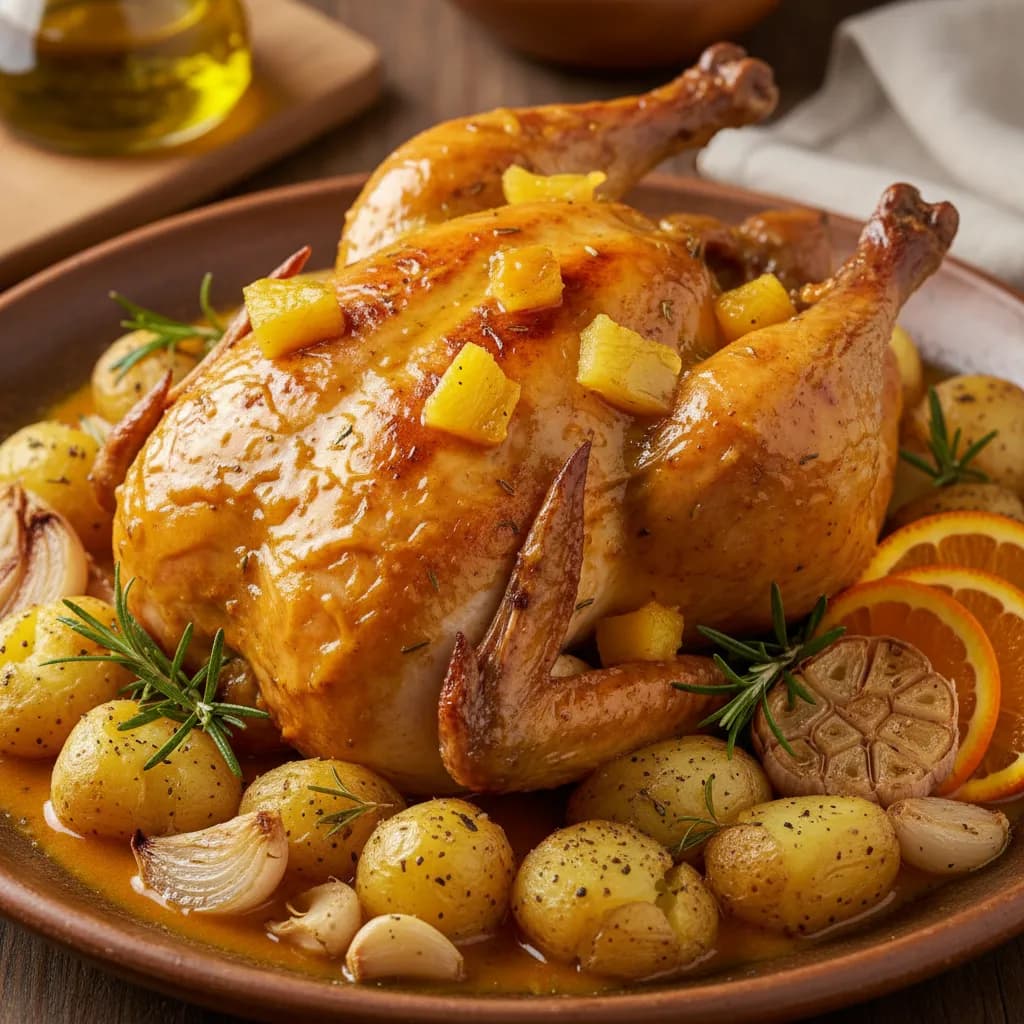 Frango do Campo Assado em Molho de Mostarda e Laranja com Abacaxi e Batata a Murro