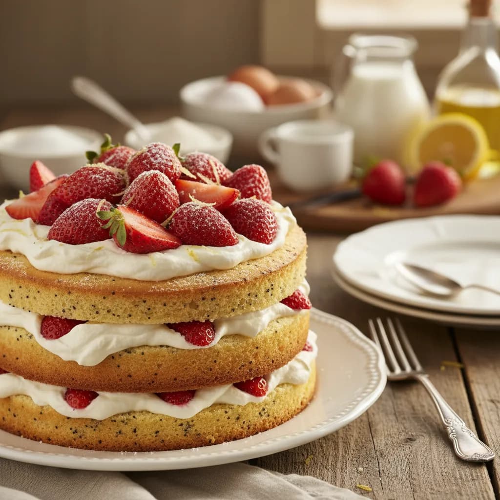 Bolo de Morangos e Chantilly com Sementes de Papoila