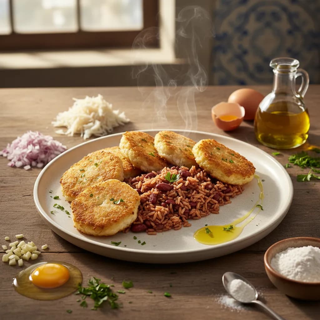 Pataniscas de Bacalhau com Arroz de Feijão