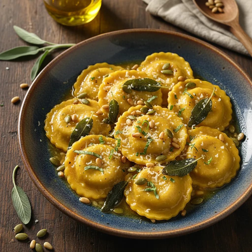 Raviolis de Abóbora e Queijo Manchego com Sálvia, Sementes de Abóbora e Pinhões