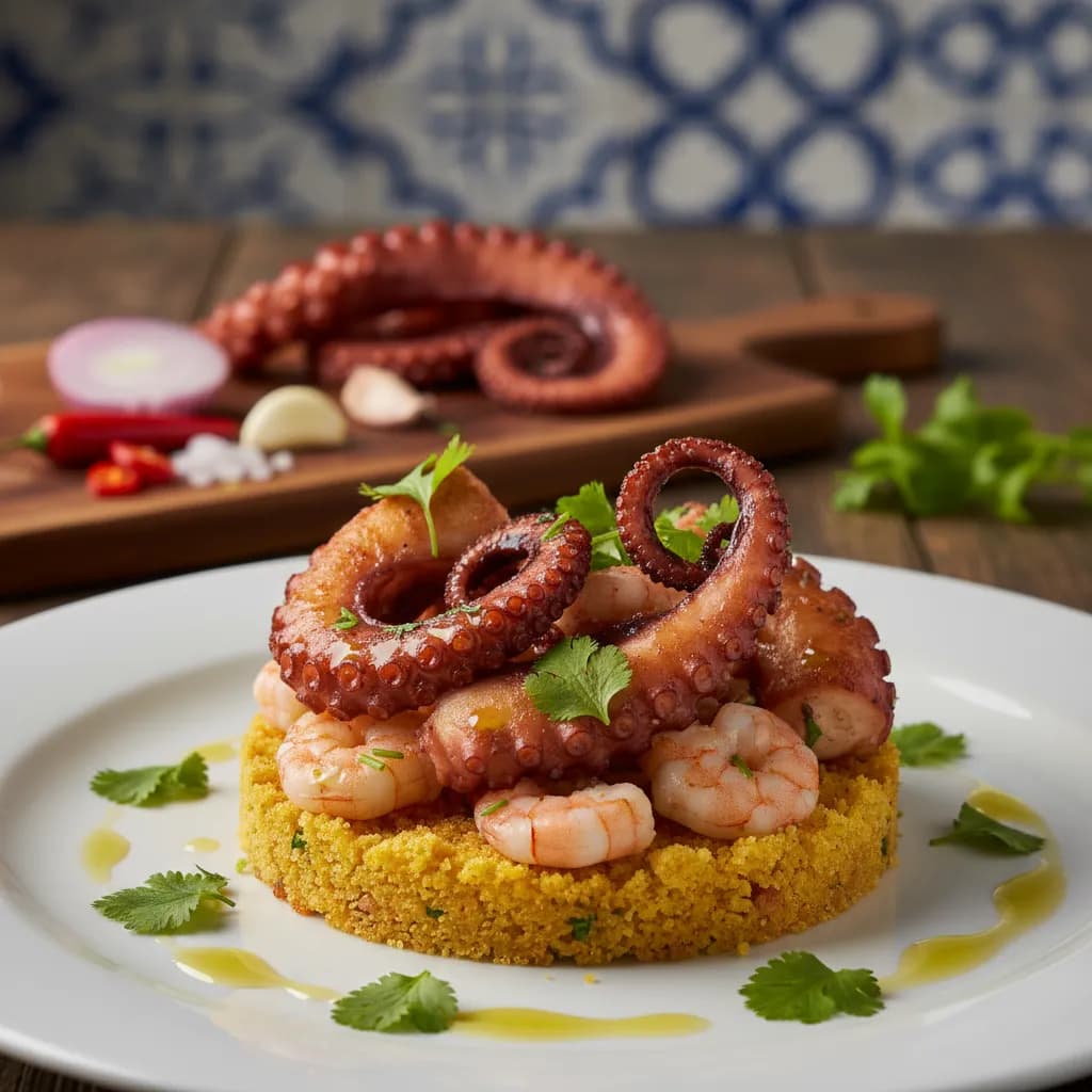 Polvo Frito com Migas de Camarão e Coentros