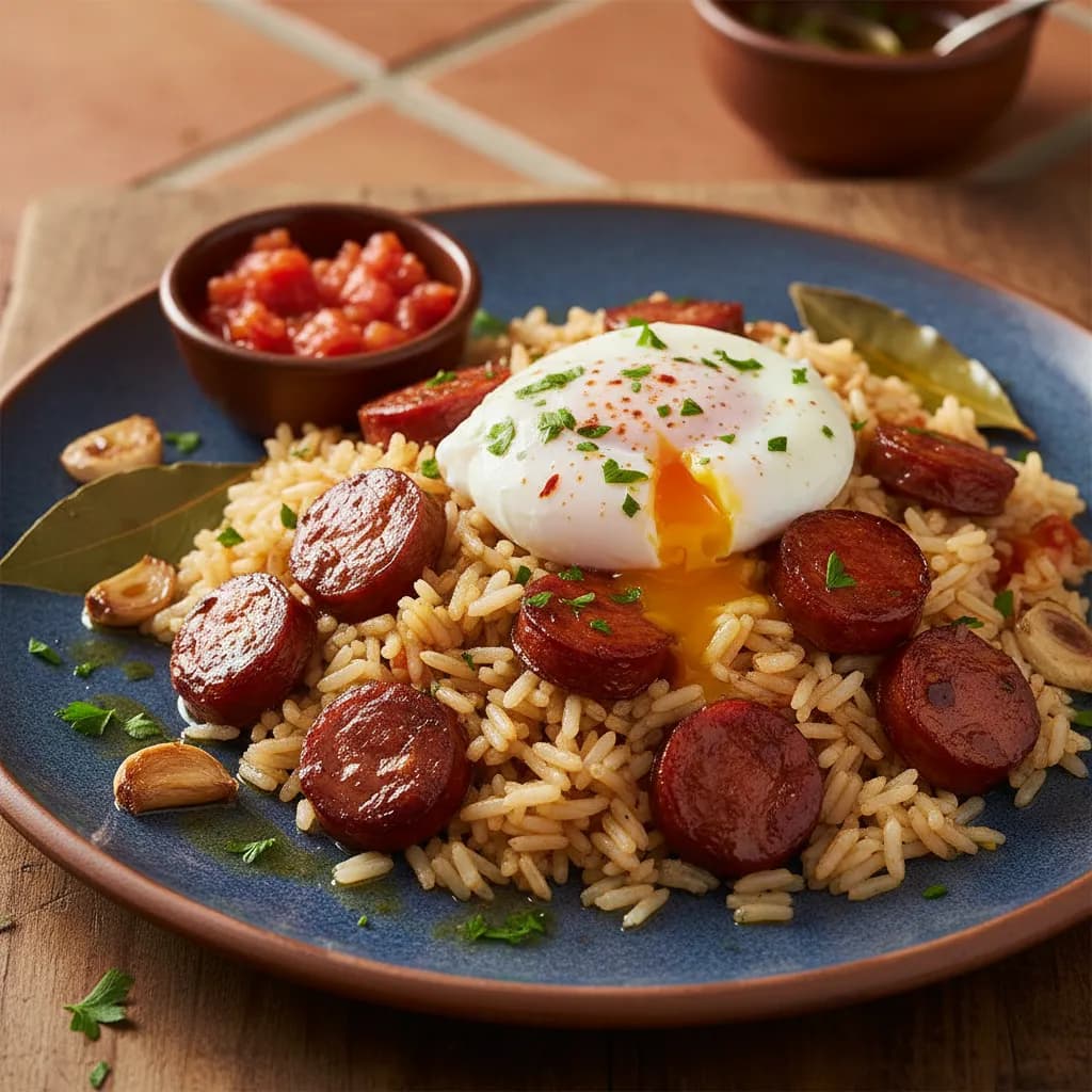 Arroz com Salsicha, Linguiça e Ovo Escalfado