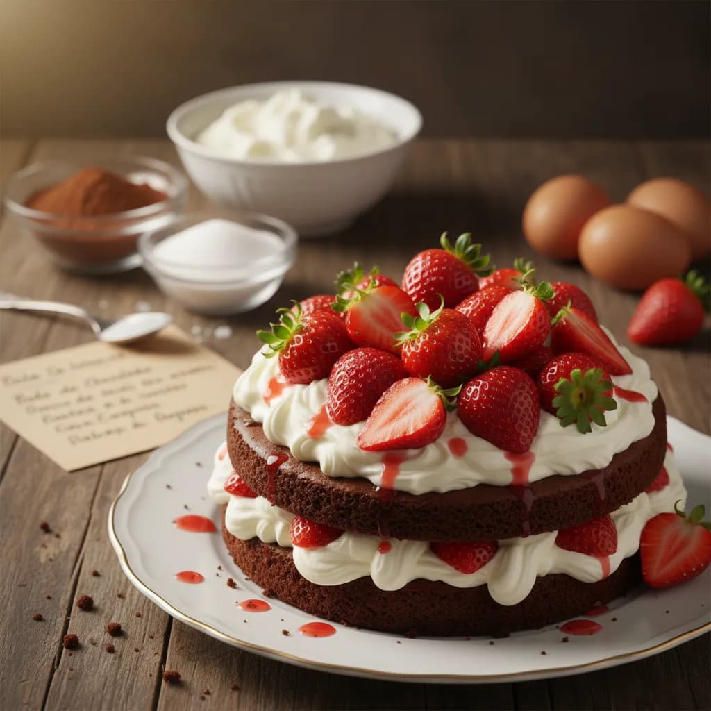 Bolo de Chocolate com Natas e Morangos