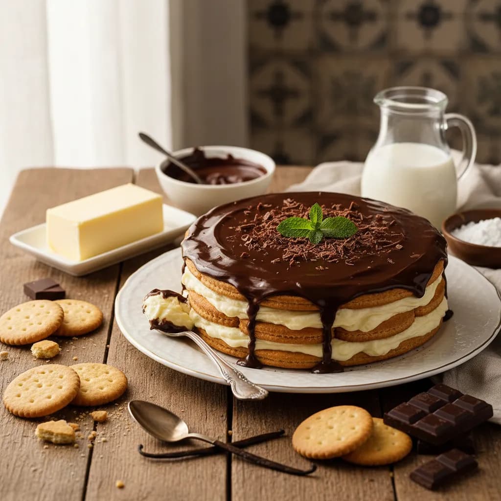 Bolo de Bolacha Cremoso de Baunilha e Chocolate