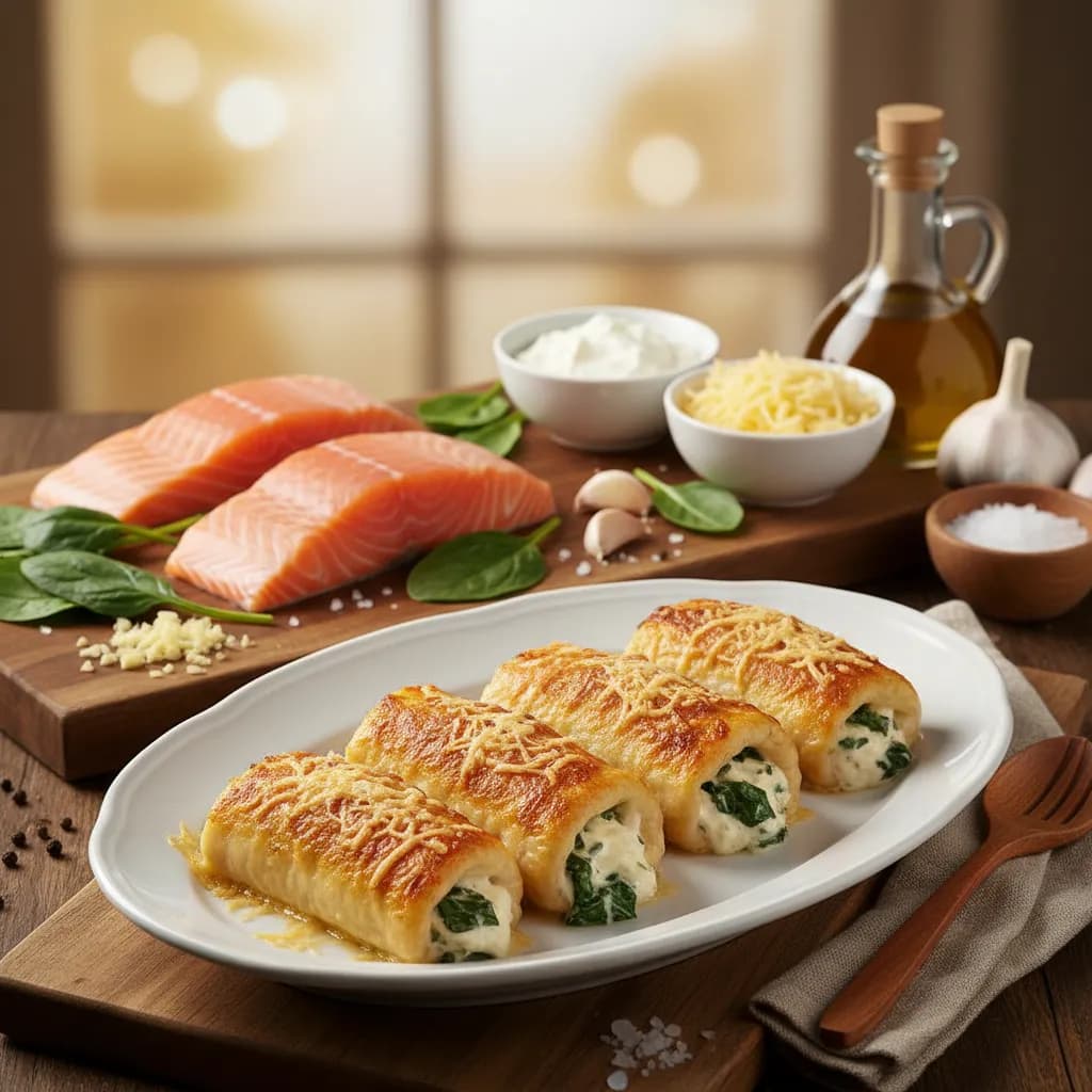Rolinhos de Salmão com Espinafres e Queijo