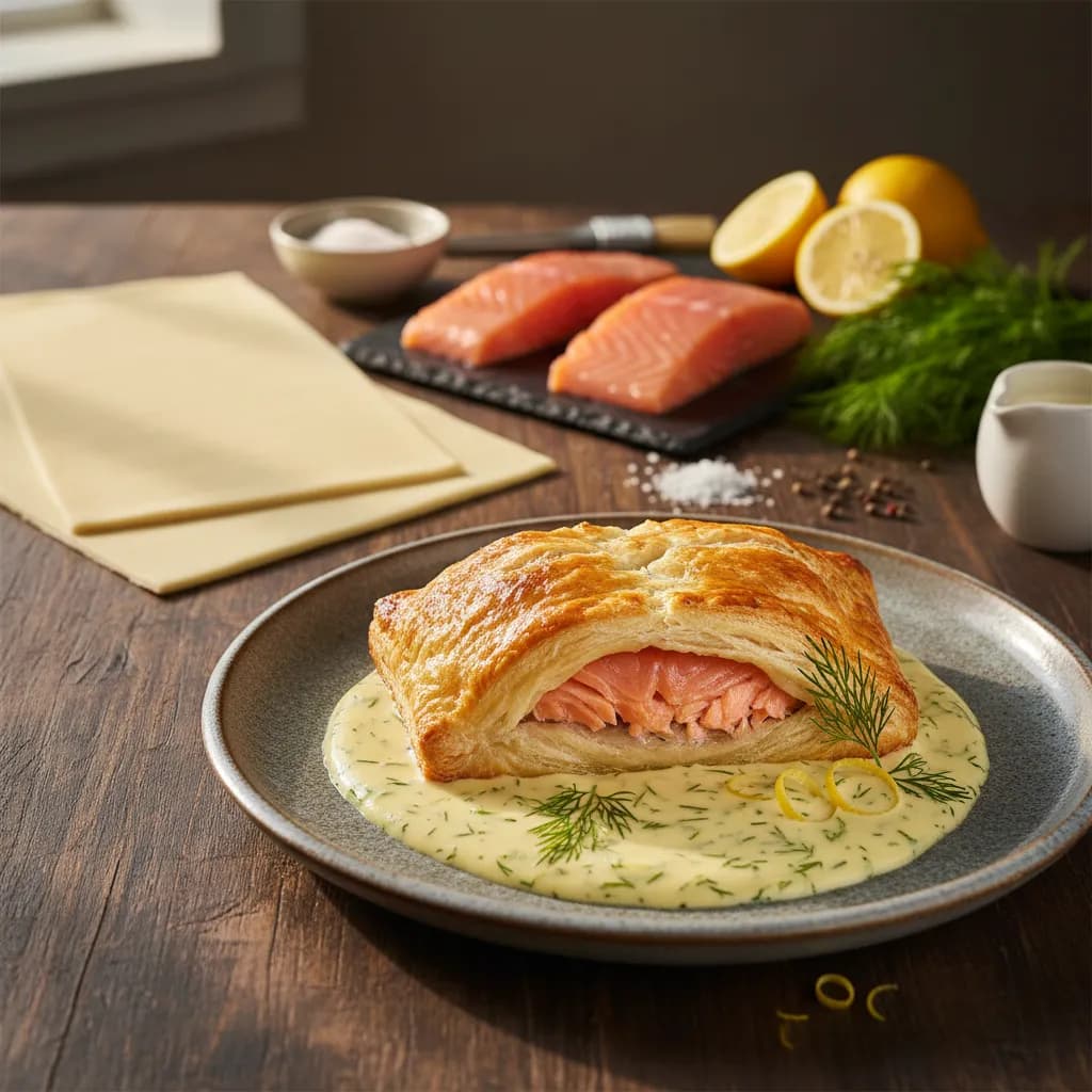 Salmão em Massa Folhada com Molho de Limão e Endro