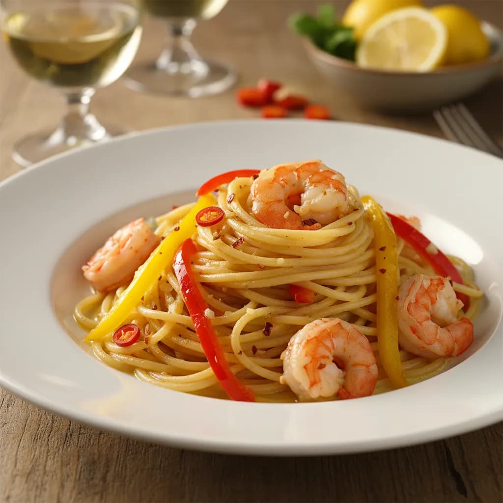 Esparguete com Gambas e Pimentos