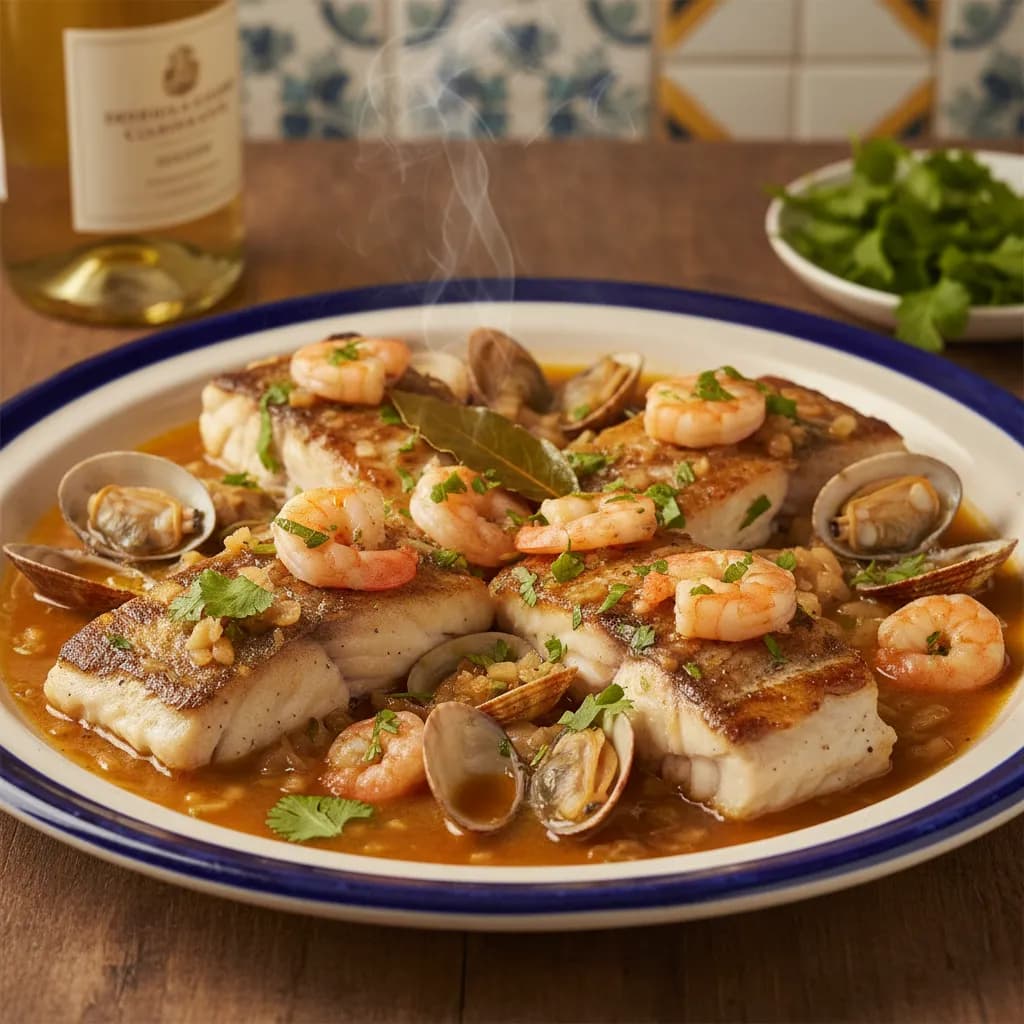 Pescada com Molho de Ameijoas e Camarão