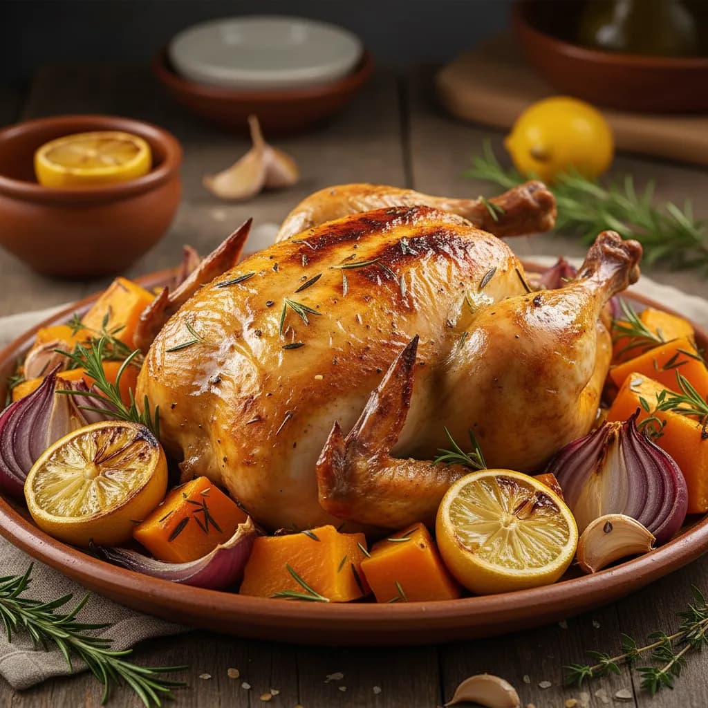Frango do Campo Assado no Forno com Abóbora e Ervas Aromáticas