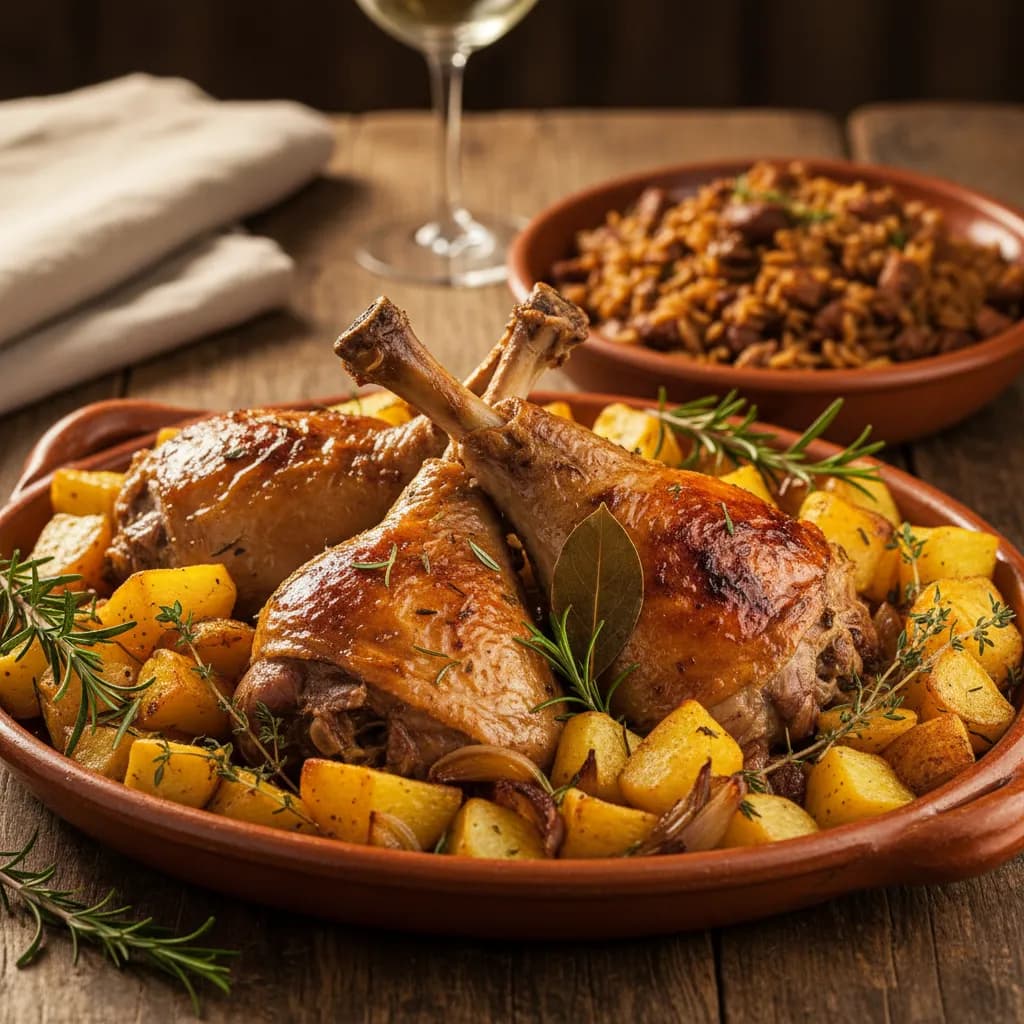 Cabrito Assado com Batata e Arroz de Miúdos