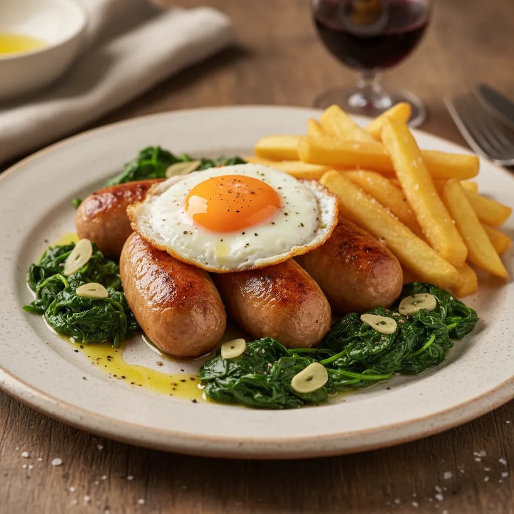 Alheiras no Forno com Espinafres Salteados, Ovo Estrelado e Batata Frita