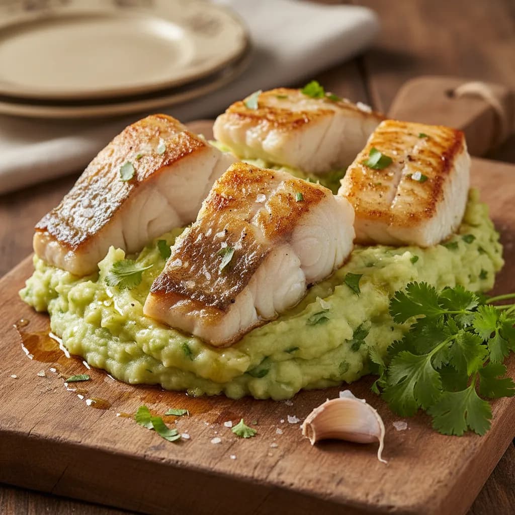 Lombos de Pescada com Puré de Batata Aromatizado com Coentros