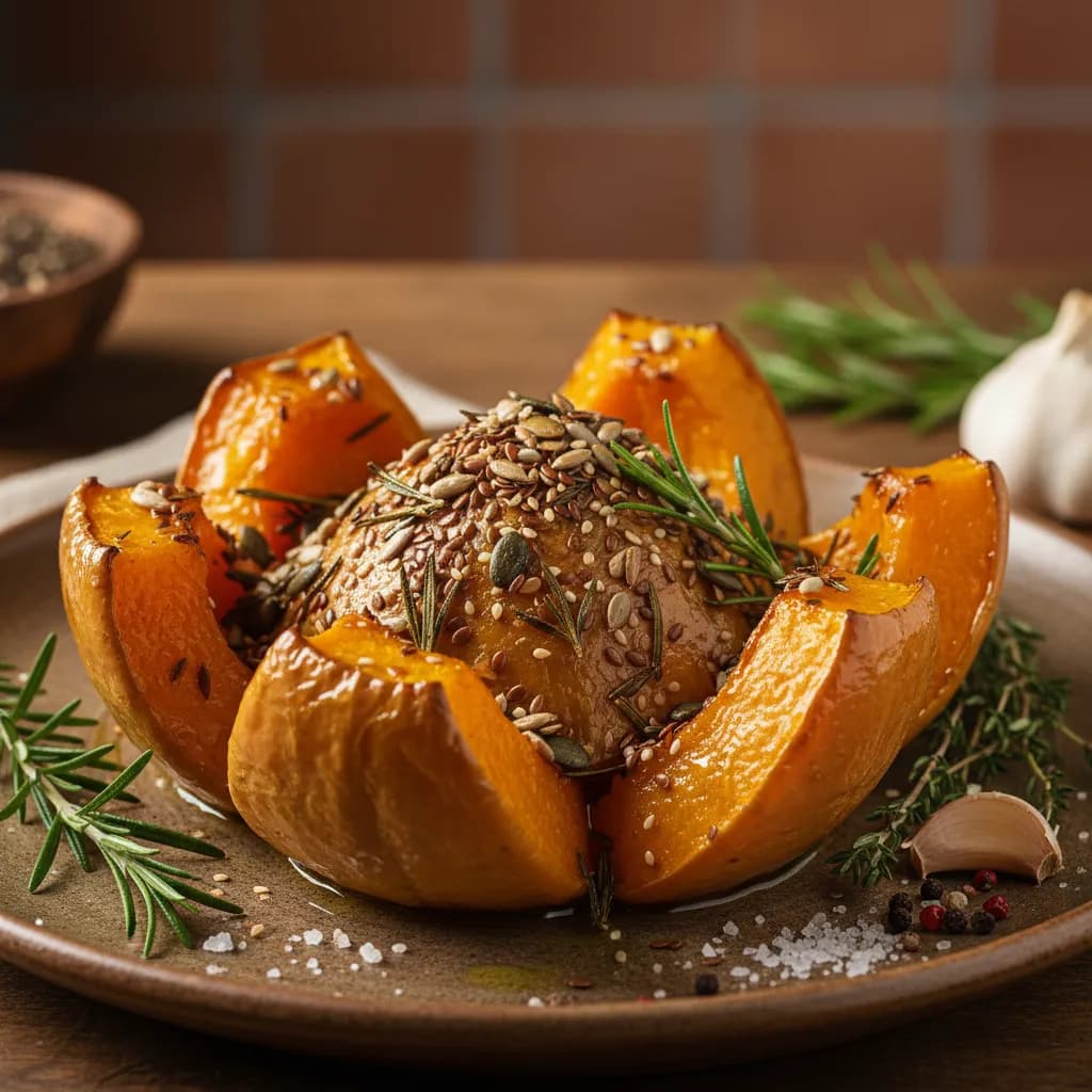 Abóbora Assada com Alecrim, Tomilho e Sementes