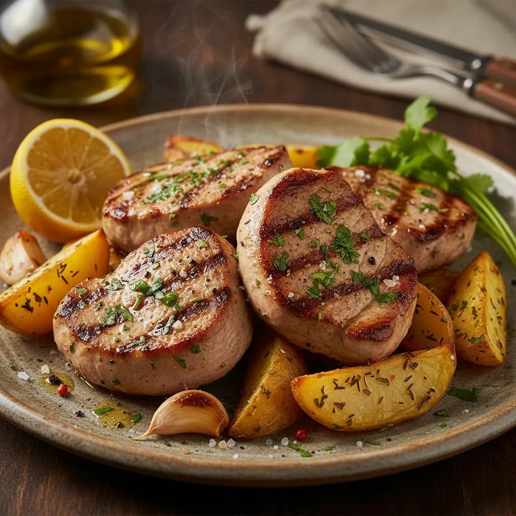 Bifes de Peru Grelhados com Crosta de Coentros e Batatas Douradas