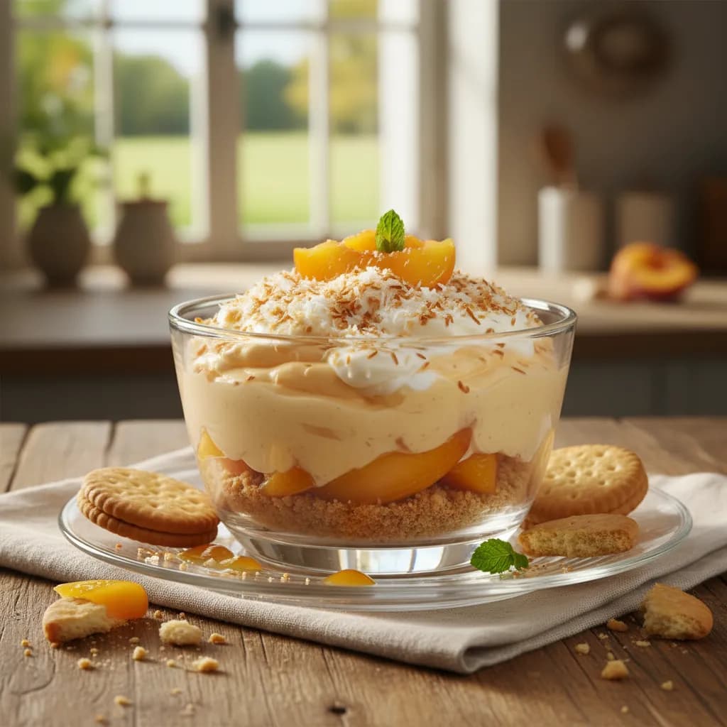 Sobremesa Cremosa de Pêssego com Bolacha Maria e Coco