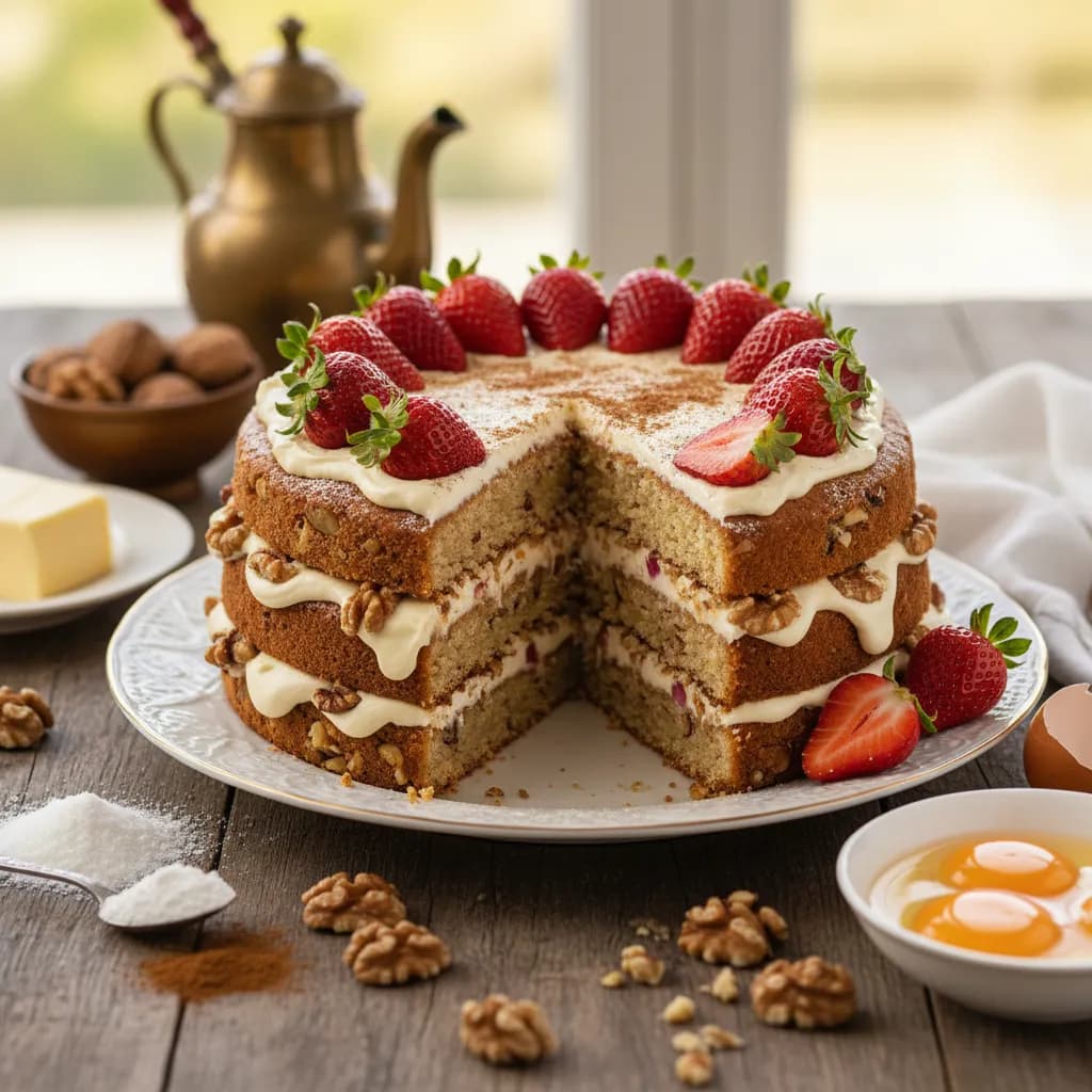 Bolo de Nozes com Creme de Leite Condensado e Morangos