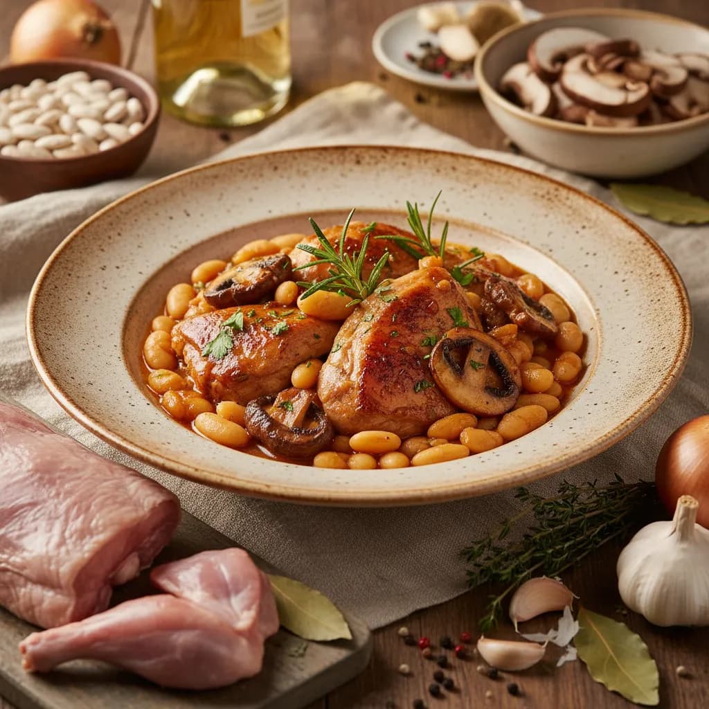 Coelho Guisado com Feijão Branco e Cogumelos