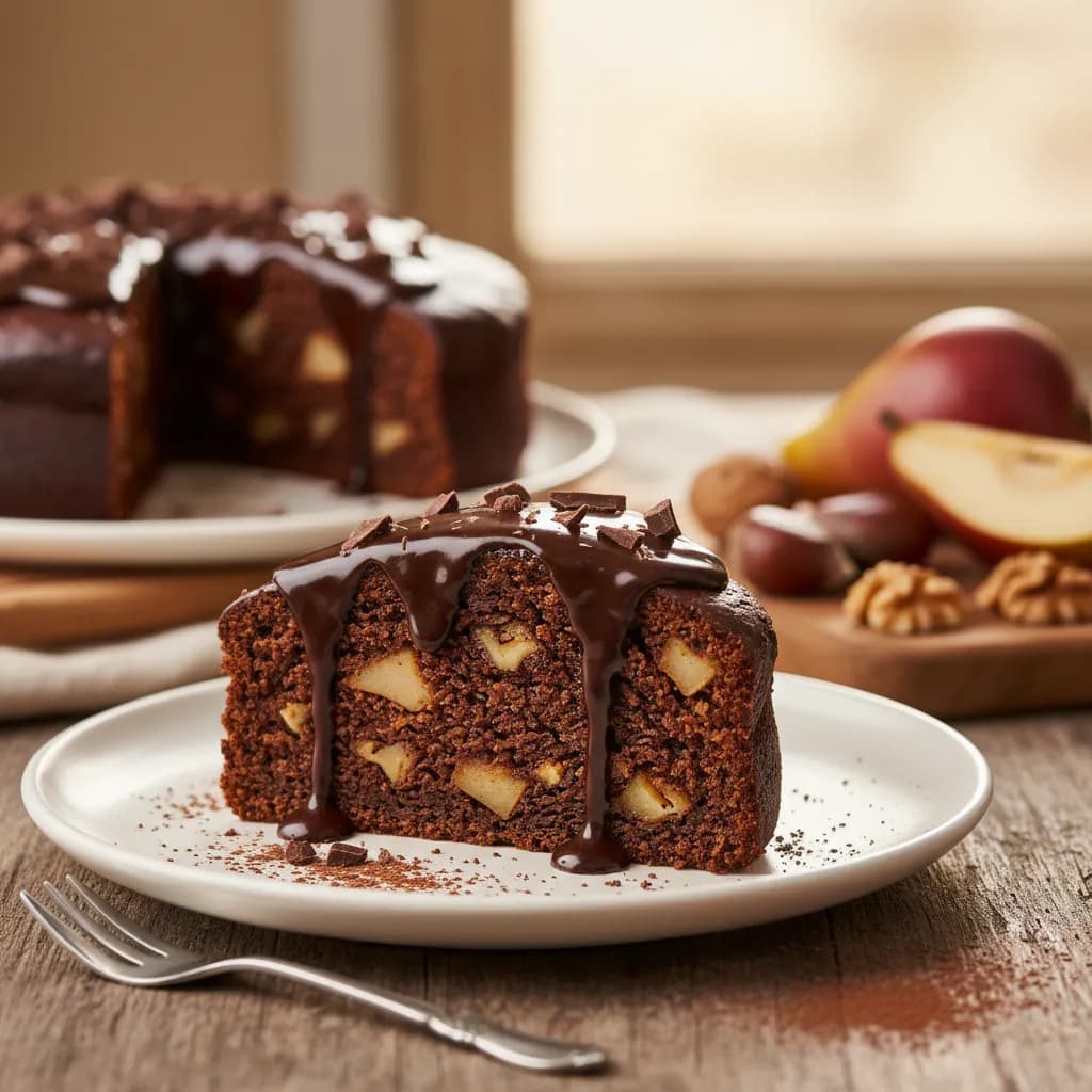 Bolo de Castanhas, Nozes e Pêra com Chocolate