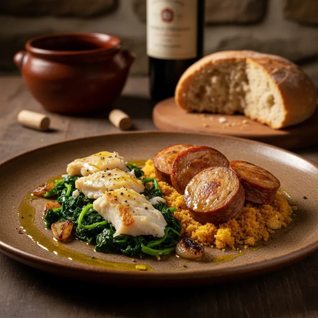 Bacalhau com Grelos e Alheira Assada na Broa