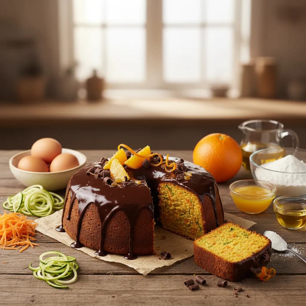Bolo de Cenoura, Curgete e Laranja com Cobertura de Chocolate