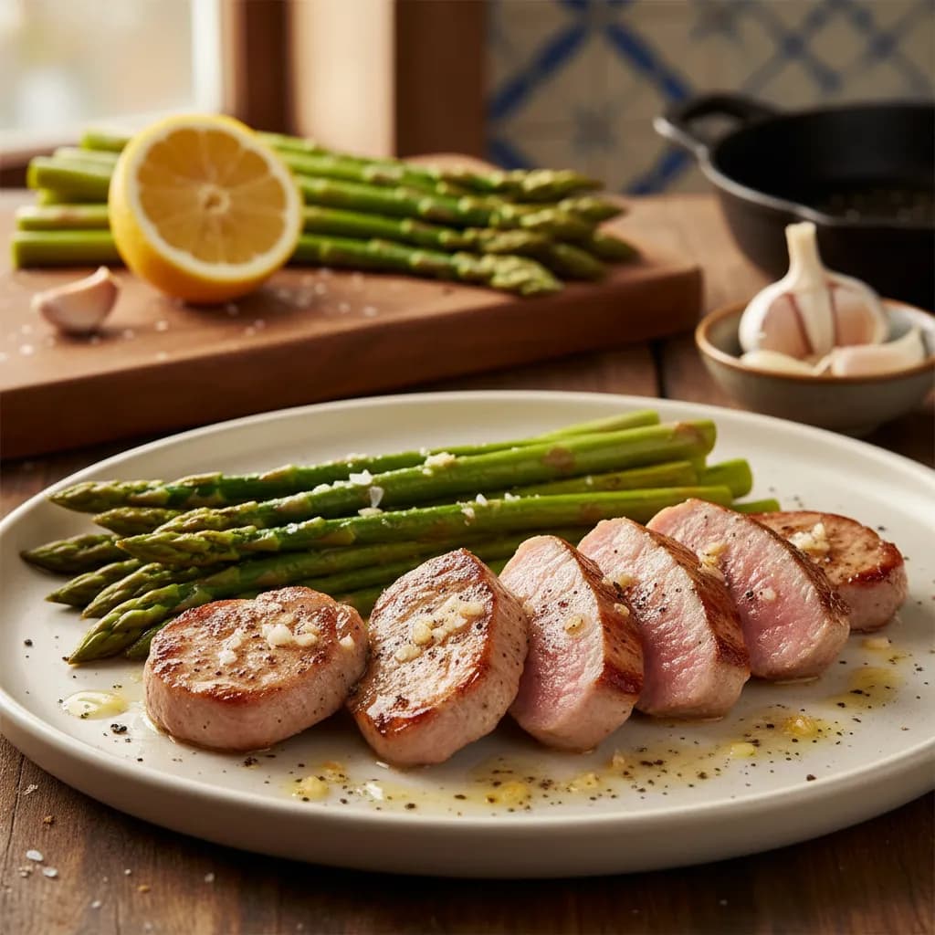 Lombo de Porco Salteado com Espargos Verdes
