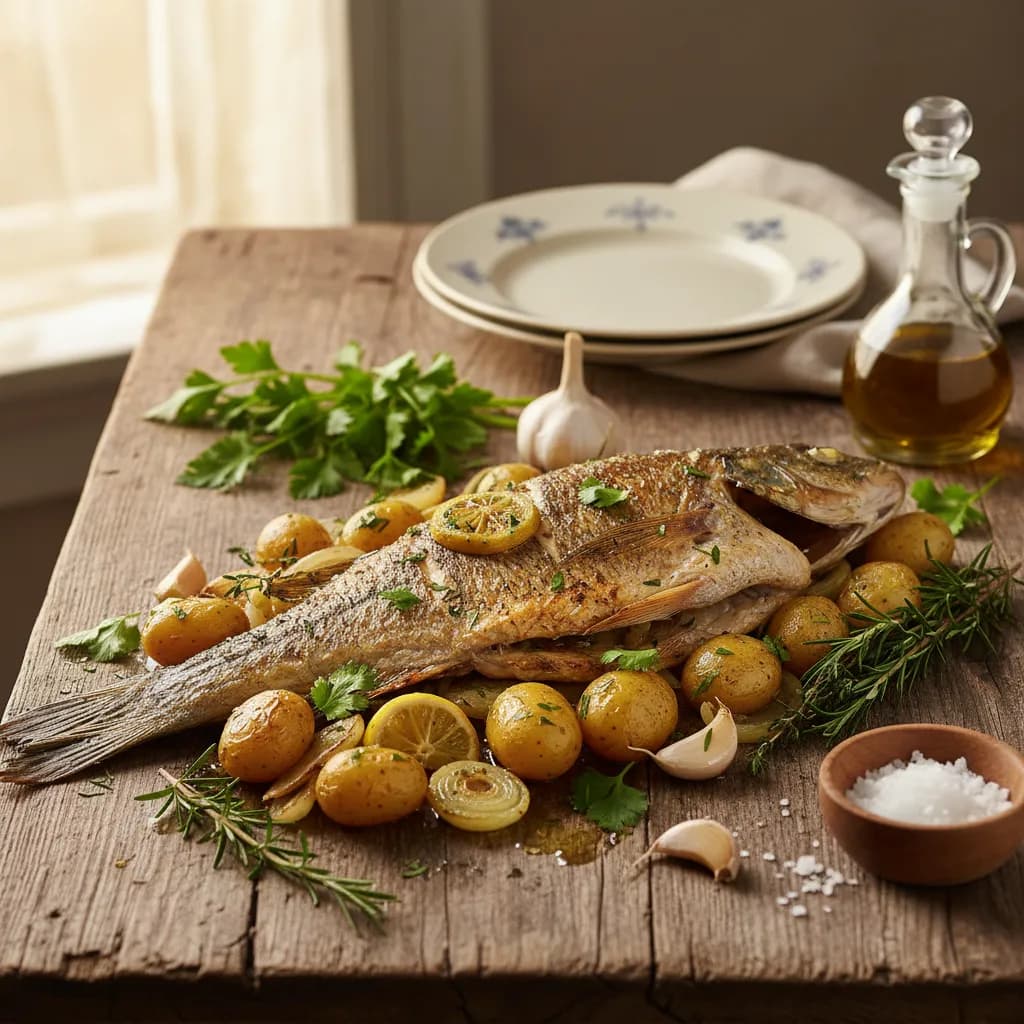 Perca no Forno com Batatas e Ervas Aromáticas