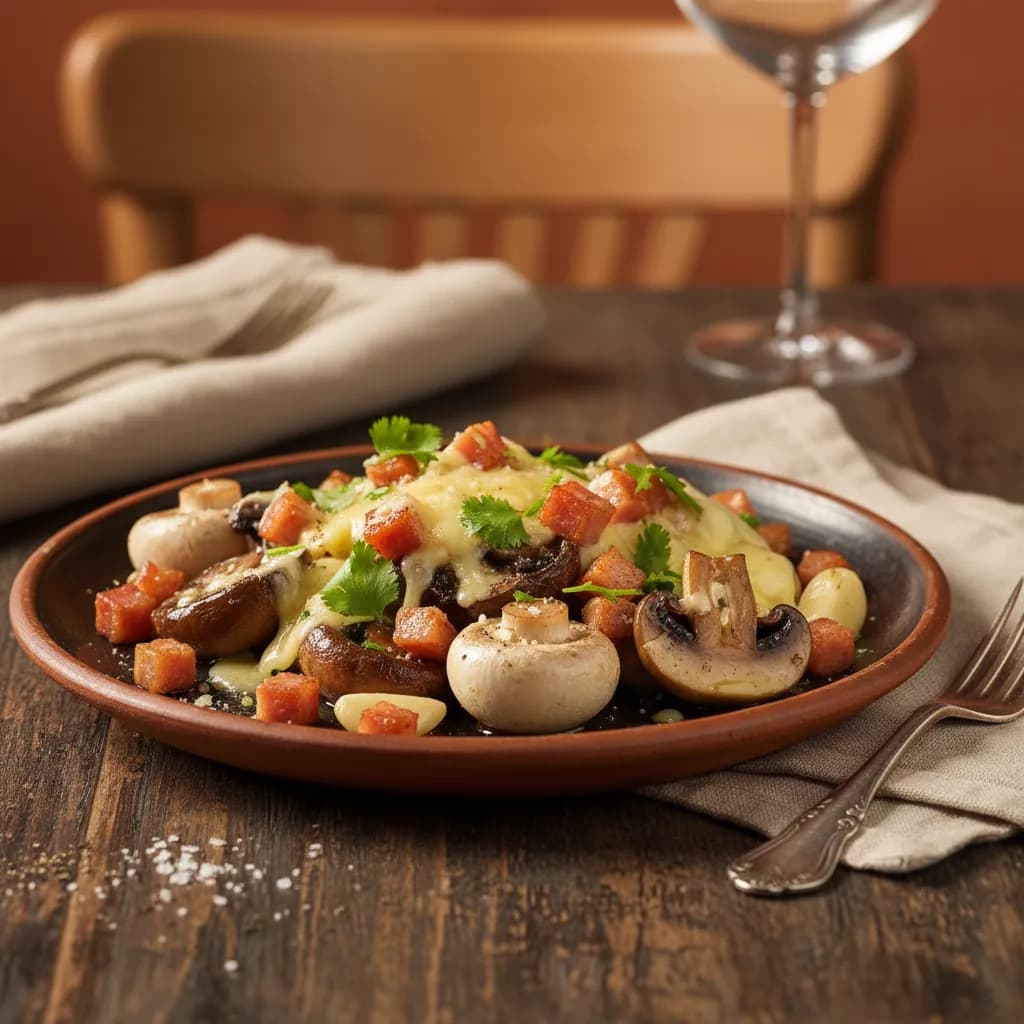 Cogumelos Salteados com Bacon, Coentros e Queijo