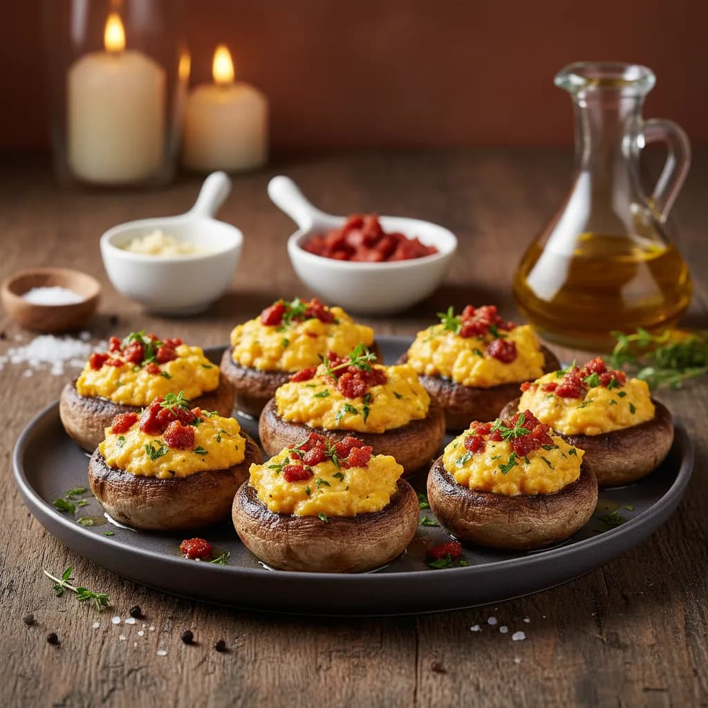 Cogumelos Recheados Com Ovos Mexidos e Chouriço