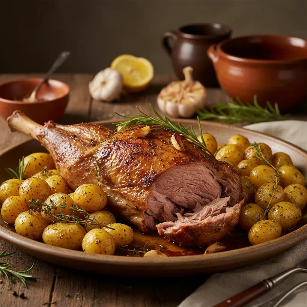 Borrego Assado com Batatinhas e Ervas Aromáticas