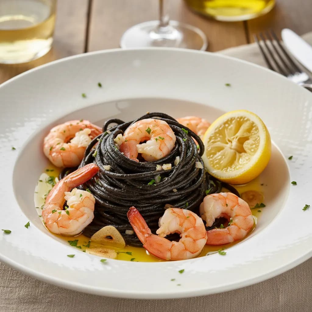 Linguini com Tinta deChoco e Gambas Frescas