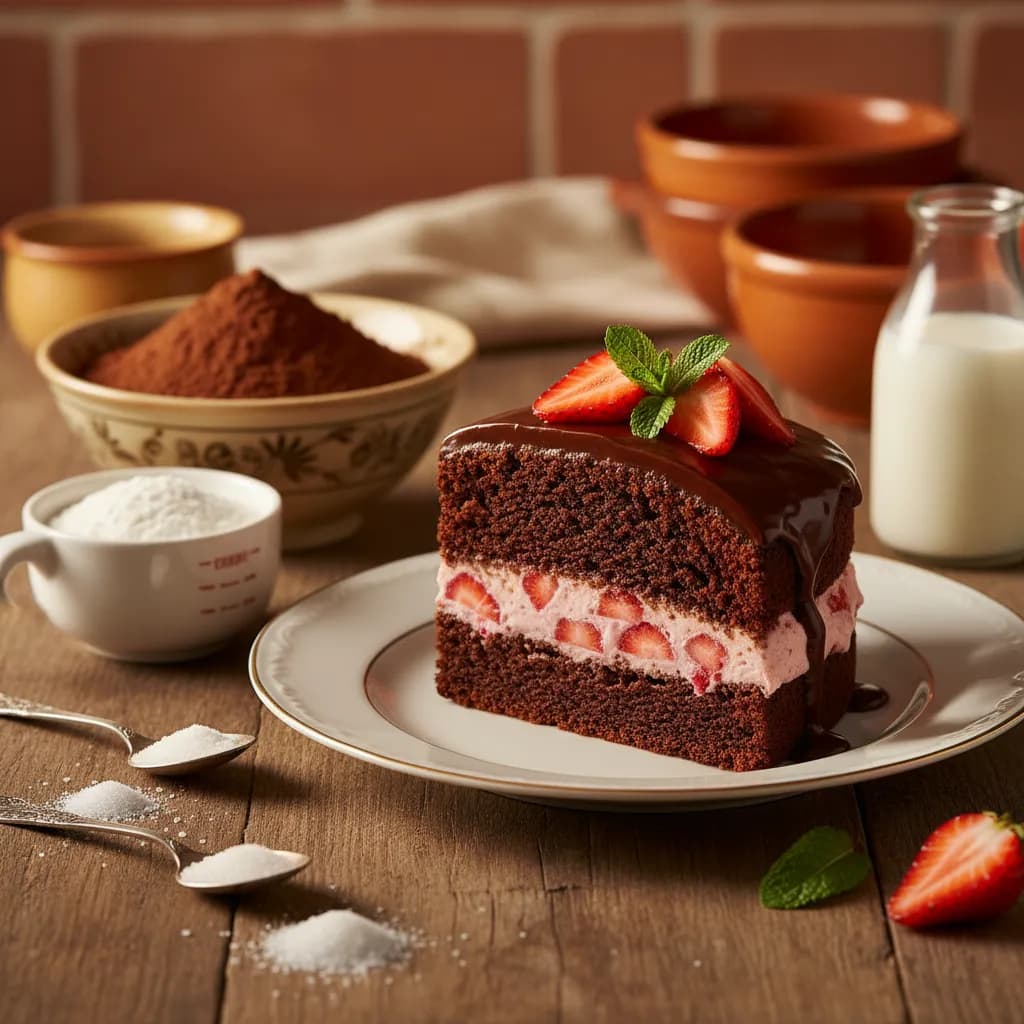 Bolo de Chocolate com Recheio de Creme de Morango